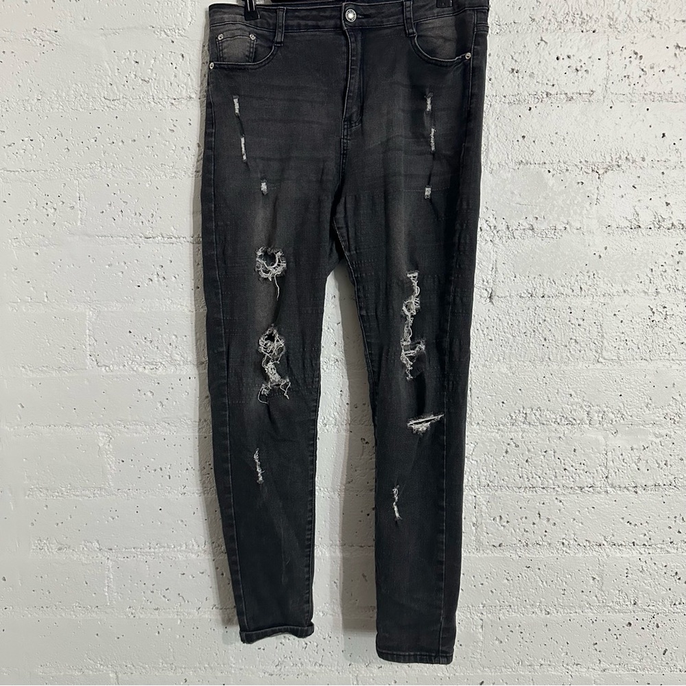 Womens Jeans 14 Faded Black Denim Destroyed Strech Skinny 5 Pocket X2
